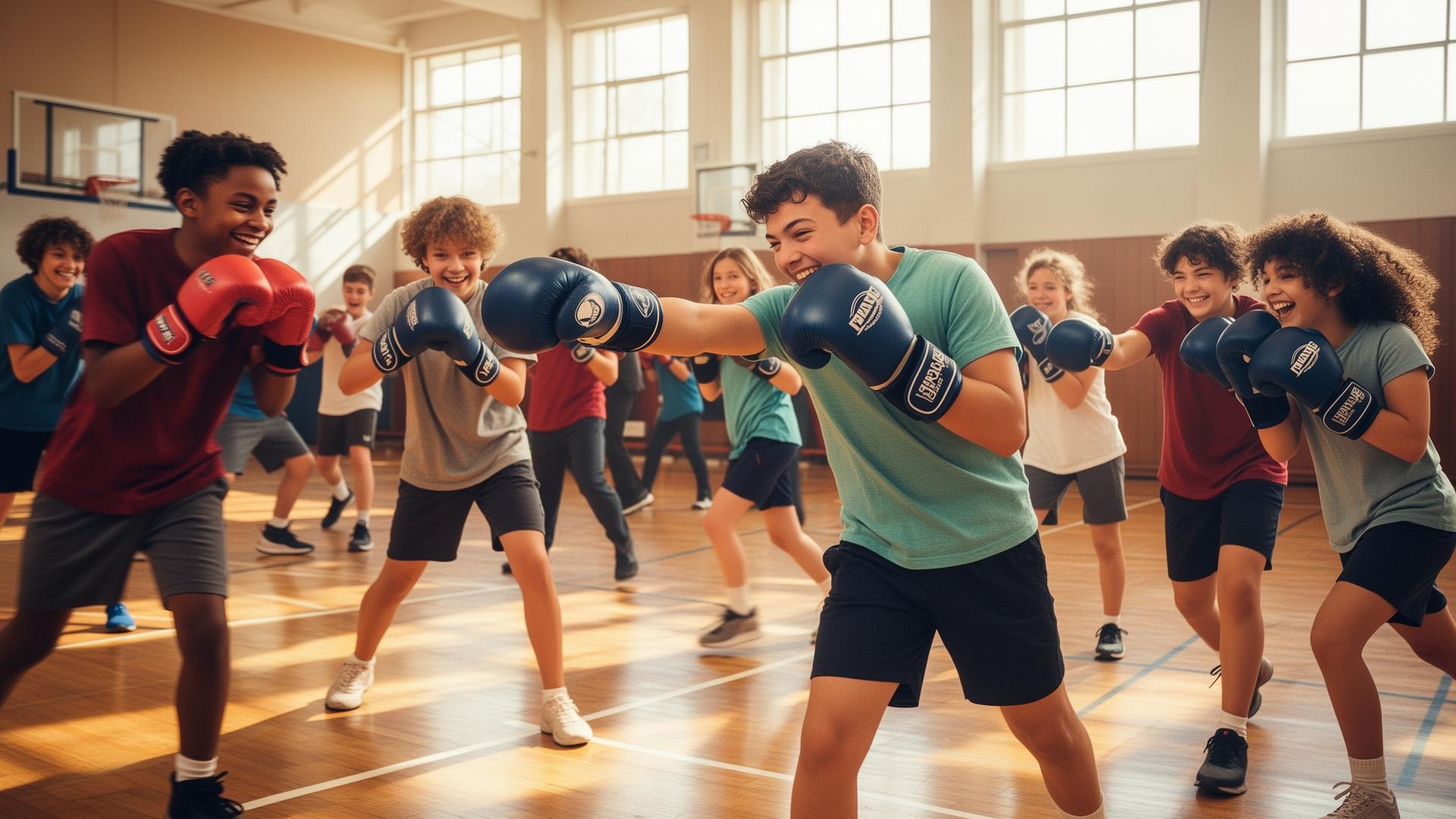 Young people training in a school sports hall with focus pads