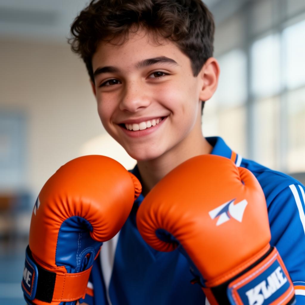 Student smiling with boxing gloves